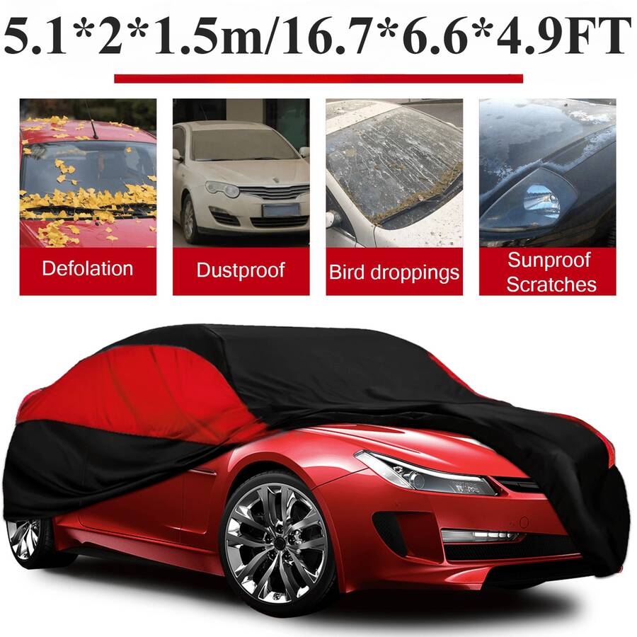 170T Car Cover With Reflective Strips, Waterproof, Snow-Proof, Dust-Proof, Durable, Scratch-Resistant, Made Of Oxford Cloth, Suitable For Various Vehicle Models, Provides Excellent All-Season Protection For Your Car - Black and Red - View 1