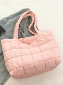 Random Color Super Lightweight Large Capacity Quilted Tote Bag - Pink - View 3