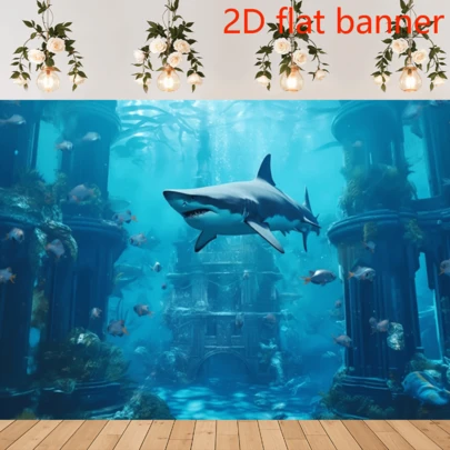 2D平面横幅，1件装，鲨鱼图案，摄影背景，适用于生日派对横幅装饰、水族馆海洋背景、拍照亭、横幅装饰