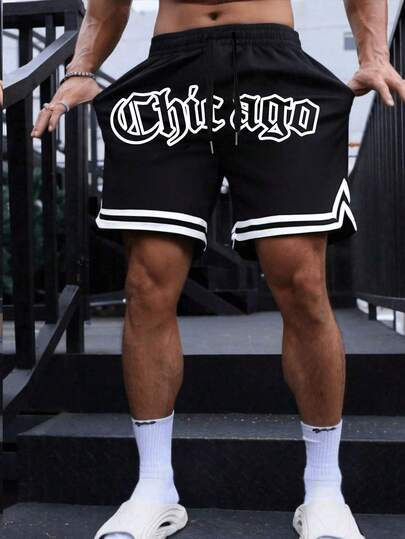 Pantalones cortos casuales de verano para con estampado de letras góticas de Chicago, estilo suelto de baloncesto, para uso urbano y al aire libre