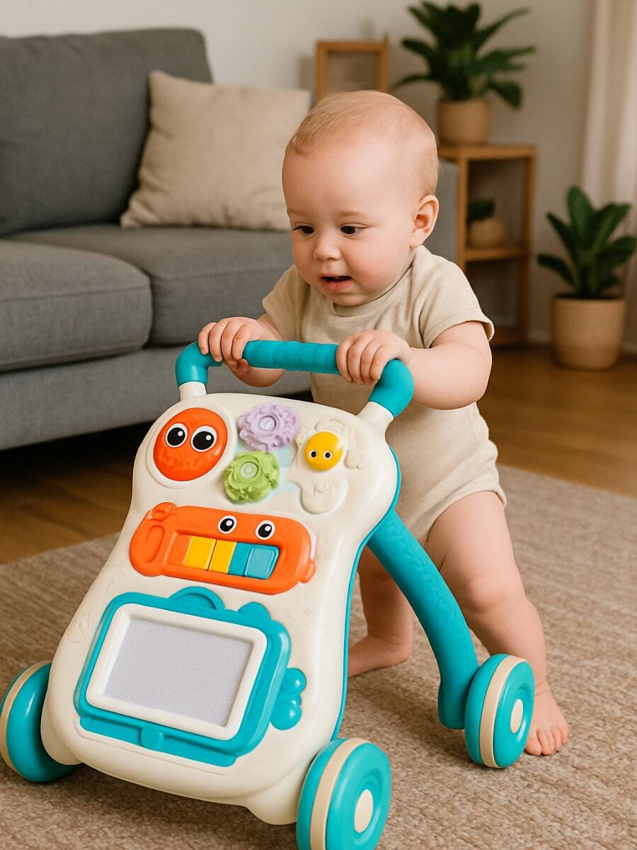 CAMINADORA BEBÉ MULTIFUNCIONAL 4-en-1 Antivuelco & Anticaída Andadera con Panel Musical Didáctico Altura Ajustable y Llantas de Goma Silenciosas Andador  6-18 Meses - Azul menta - Ver 1