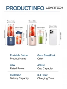1pc 400ml Wireless Portable Electric Juicer Blender, USB Rechargeable Mini Fruit Juice Mixer, With 6 Blades And Dual Cups, Multi-Function Juicer Blender, Suitable For Home Or Outdoor Kitchen Food Processing, Great For Making Vegetables, Fruits And Milkshakes - Double Cup With Lid - View 5