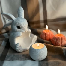 2件套DIY粘土模具复活节坐姿兔子杯环氧树脂硅胶模具复活节兔子圆形蜡烛杯石膏水泥模具小花盆烛台硅胶模具逼真兔子蜡烛模具，可重复使用，易脱模 - 白色 - 查看 6