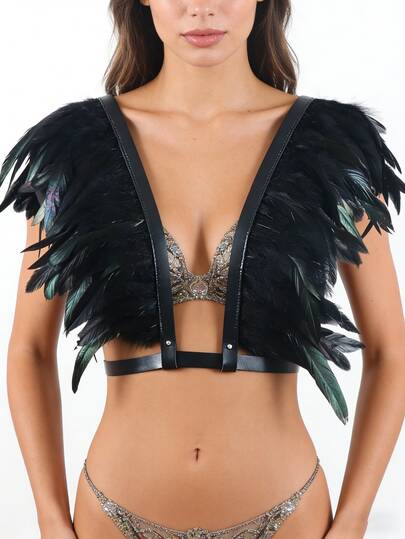 1pc Black Feather Harness & Belt For Women Gothic Accessories, Witch, Party Cosplay Props Festival Clothing Accessories