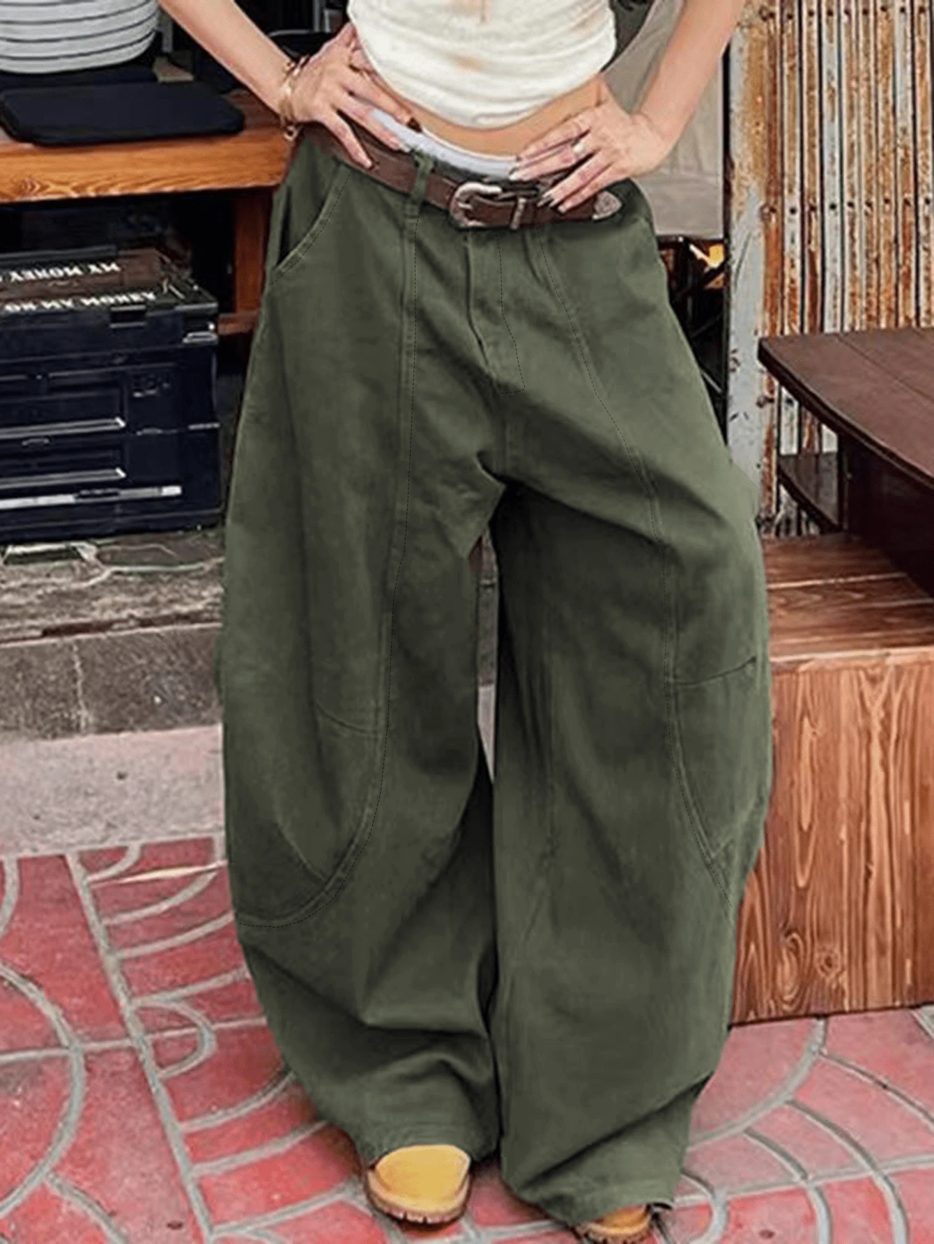Women's Casual Vintage American Street Style Cargo Pants, Flared Wide Leg Loose Fit Ankle Length, Slimming Solid Color Pockets Zipper Button Closure Jeans For Daily Wear - Army Green - View 1