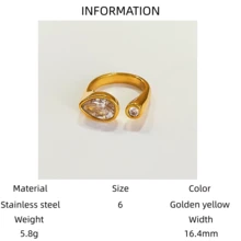 VKHK 1pc Luxury 18K Gold Plated Stainless Steel Sparkling Zirconia Water Drop Decor Single Ring, Suitable For Women Wedding Wear & Gift - Diamond Ring - View 14