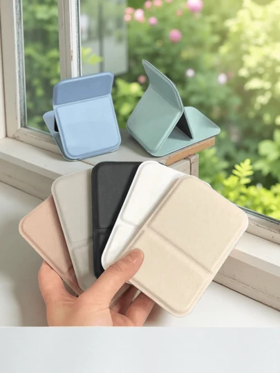 Espejo de maquillaje plegable portátil de piel sintética multicolor - Soporte ajustable de ángulo inalámbrico compacto para vestidor diario y retoques de viaje