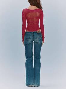 Women Y2K Long Sleeve Mesh Cut Out Rhinestone Bodysuit Fitted Going Out Party Club Top - Hot Pink - View 5