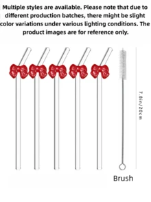 1/2支装可重复使用弯玻璃吸管，饰有红色蝴蝶结，适用于鸡尾酒、珍珠奶茶、派对装饰——情人节、生日、送朋友的礼物 - 紅色 - 查看 8