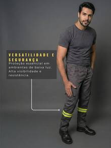 Kit 02 Calça Faixa Refletiva Brim Cores Com Bolso Uniforme Trabalho Operacional - Grafite - Visão 5