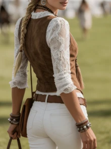 Women's Elegant V-Neck Long Sleeve Lace Trim Faux Denim Collar Cover Up - Bohemian Western Cowgirl Style, Stretchy & Versatile, Suitable For Casual, Denim Outfits, All Seasons, Women's Western Wear, Women's Shirts & Blouses - Brown - View 9