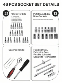 46 Piezas Kits de reparación de automóviles, juegos de llaves de trinquete, herramientas combinadas de reparación de automóviles - Plateado - Ver 3