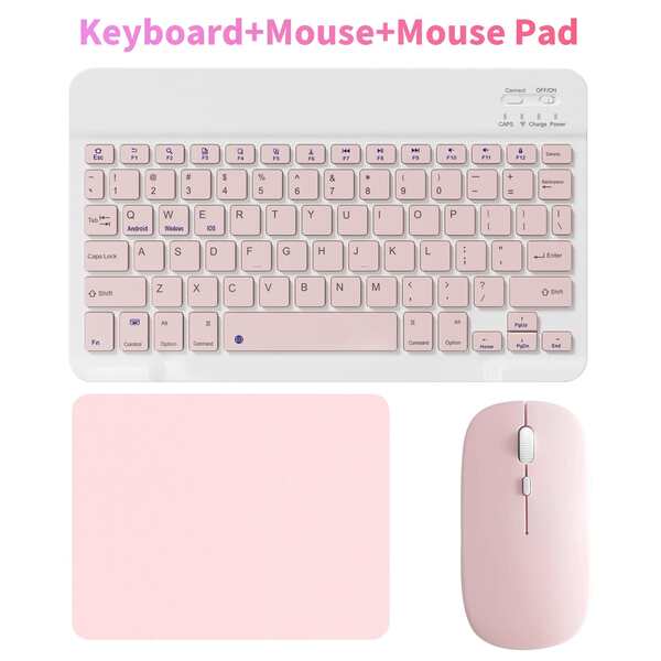 Bluetooth Keyboard With Mouse And Mouse Pad Combo, Portable Wireless Keyboard (150mAh) Mouse Set Compatible With Samsung Tablets, Apple IPad 13+, Smartphones, Android, Windows (Pink)