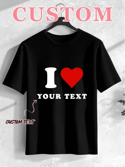 1 pièce T-shirt casual en coton noir personnalisable avec impression photo en forme de cœur, convient pour le port quotidien des couples ou la Saint-Valentin