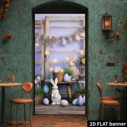 2D Flat 1pc Easter Party Door Cover Background, Spring Easter Bunny, Colorful Eggs And Green Grass Yard Door Banner Background, Easter Egg Hunt Game Supplies, Easter Party Door Decor