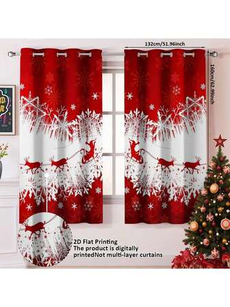 2 piezas Cortinas de poliéster con estampado de silueta de reno y copos de nieve, adecuadas para casas de alquiler, sala de estar, cocina, dormitorio, decoración removible y lavable para ventanas pequeñas