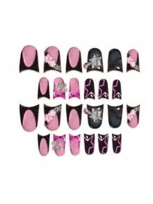 24个情人节美甲夹，设计甜美、时尚、高端，饰有浮雕心形水滴和蝴蝶结装饰——粉色和裸色撞色拼接——适合女孩和女士。礼品包含果冻胶和指甲锉。 - 紅色 - 查看 3