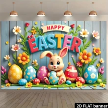 70x43 Happy Easter Banner Flag 1pc Vibrant Easter Bunny And Colorful Eggs Banner - 70x43 Polyester, "Happy Easter" Holiday Decor Flag, No Electricity Needed, Great For Indoor/Outdoor Celebrations And Photography Backdrop - Multicolor - View 2