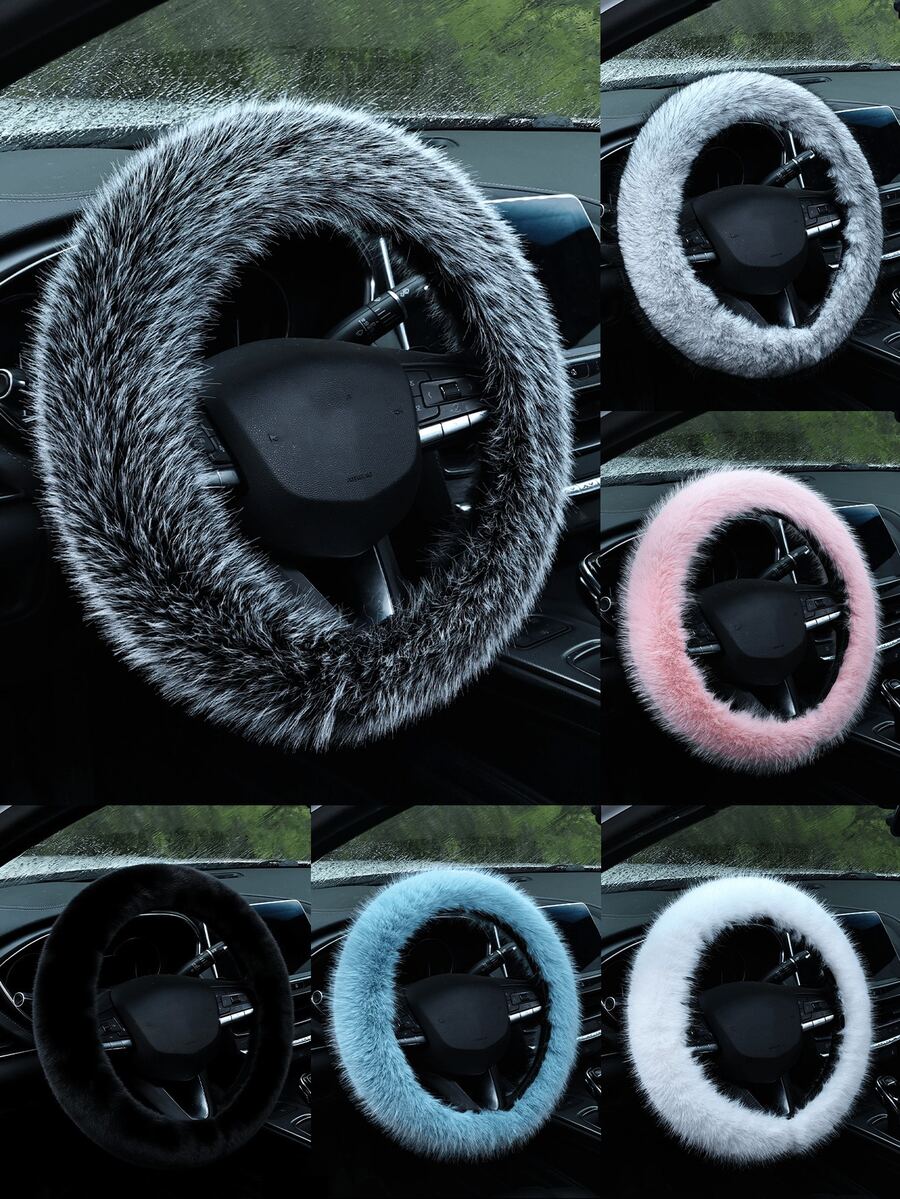 1pc Imitation Flower Fox Mink Plush Car Steering Wheel Cover, Warm Anti-Slip Universal Auto Wheel Sleeve, High-End Elegant Winter Driving Accessory - one-size - View 1