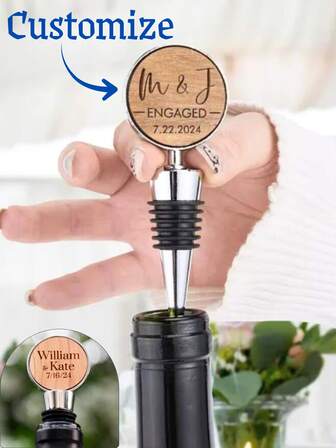 1 pieza Tapón de botella de vino personalizado, tapón de vino personalizado para compromiso/boda, material de madera redonda y metal, regalo único, recuerdo de boda, regalo de aniversario, recuerdo de recién casados, regalo de fiesta, decoración de bar en casa, personalizable con nombre/logotipo