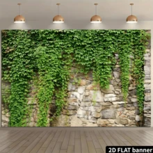 2D平面，1片逼真常春藤石纹墙板 - 绿色常春藤叶，石纹背景，适用于派对、婚礼和活动，多用途墙面装饰，适用于家庭、办公室、户外、工作室、派对装饰、节日礼物，采用聚酯材料制成，无需电源。 - 彩色 - 查看 3