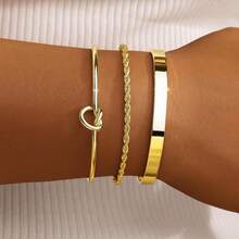 Set Of 3 Exquisite Women's Bracelets: Heart Knot Bracelet + Sparkly Bracelet + Twisted Rope Bracelet - Gold - View 2