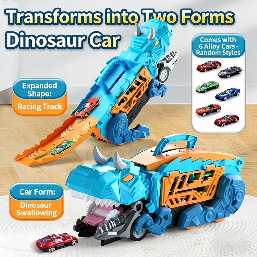 1 Set Dinosaur Toy Cars, Transport Storage Track Truck, Includes 6 Alloy Vehicles, Suitable For 3-8 Years Old Boys, Exquisite Gift Box Is The Best Choice For Gifts, Can Be Used As Birthday, Christmas, New Year Gifts Toy Car Set Children Toys