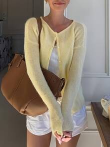 Damen eleganter Lässig Strickjacke, einfarbiges Design mit Rundhalsausschnitt und Langarm, Knopfverschluss, moderner minimalistischer Pendler-Stil mit feinem dünnem Strick, lässig weite Passform, Damen Streetwear - Gelb - Übersicht 4