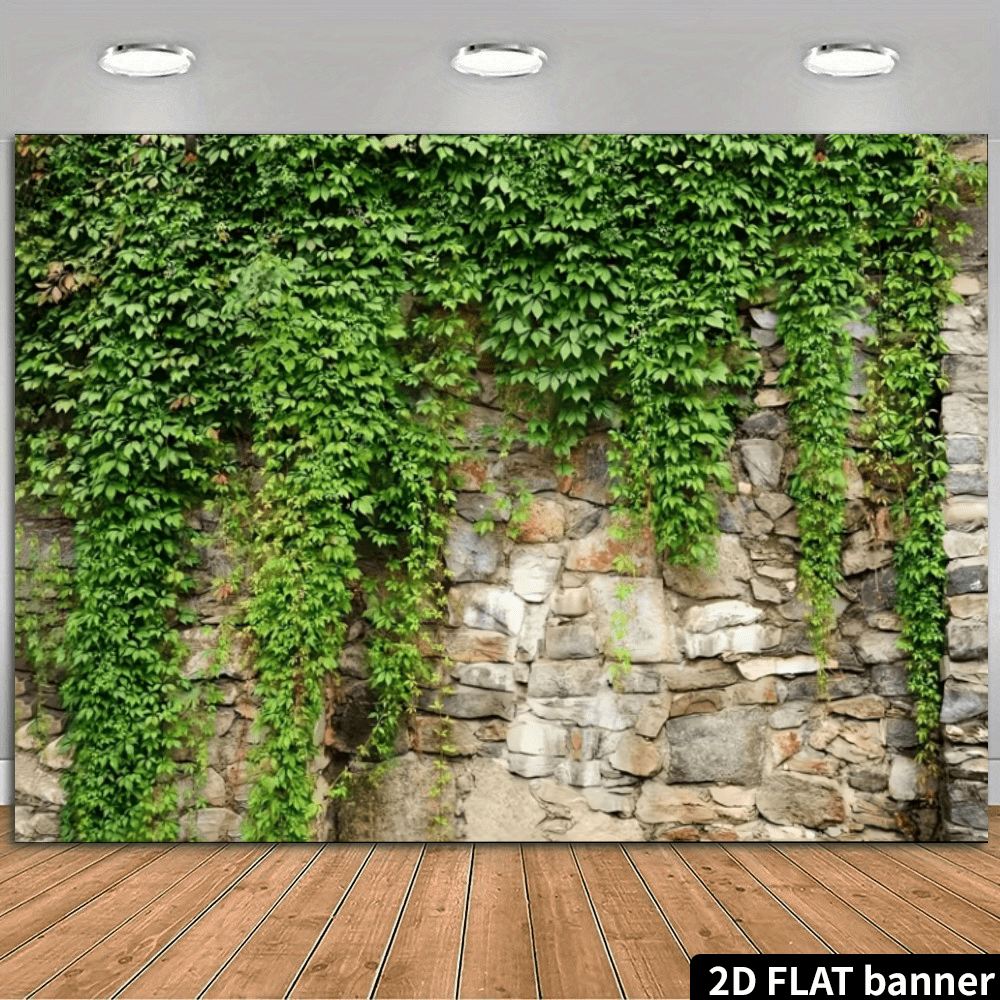 2D plat, 1 stuk realistisch wandpaneel met groenblijvende klimop en steenstructuur - Groene klimopbladeren, achtergrond met steentextuur. Geschikt voor feesten, bruiloften en evenementen, multifunctionele wanddecoratie, geschikt voor thuis, kantoor, buiten, studio, feestdecoratie, vakantiecadeau, gemaakt van polyester, geen stroom nodig.