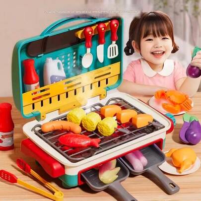Crianças churrasco grill playset com fumaça som luz crianças jogar brinquedos de cozinha jogar acessórios de cozinha para meninos meninas crianças presente aniversário