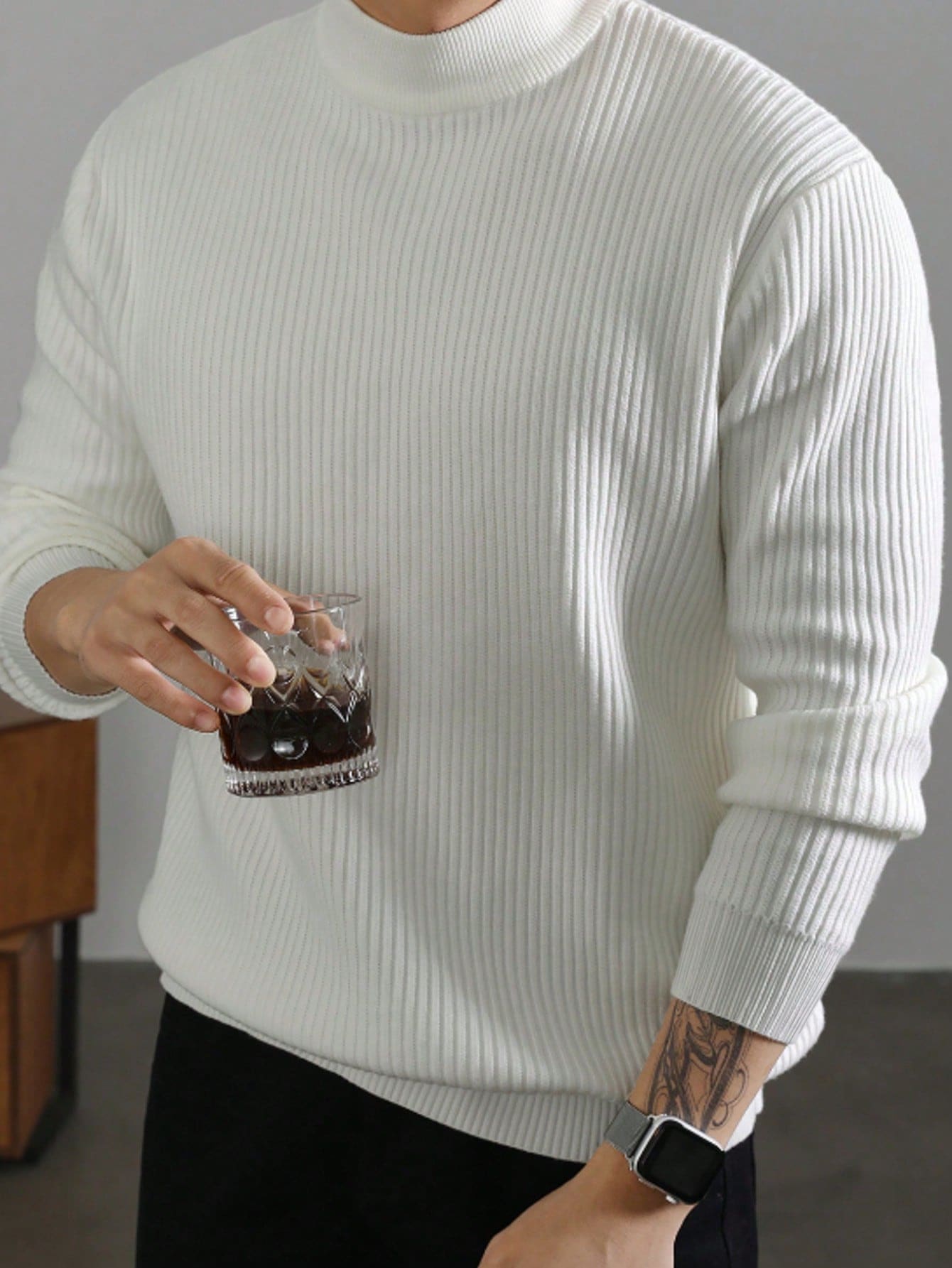 Men's Solid Color Casual Ribbed Turtleneck Long Sleeve Sweater, Autumn/Winter - White - View 1