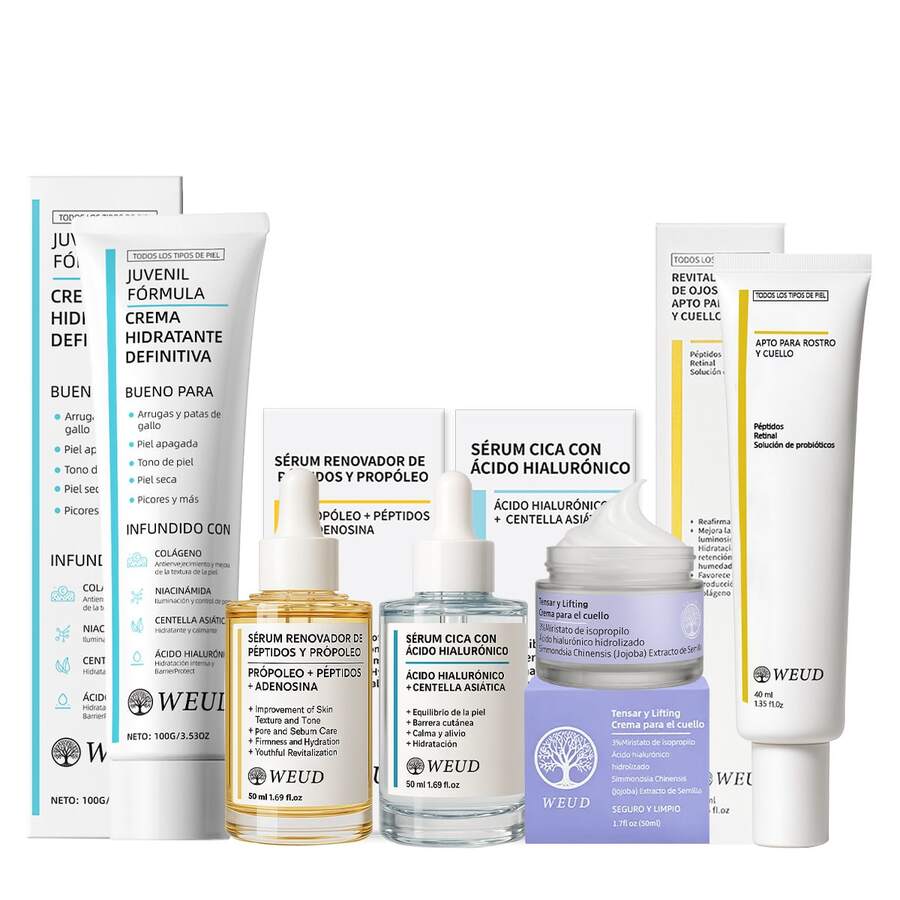 WEUD, Producto Original Oficial, Kit Completo de 5 Productos de Cuidado Facial (Crema Hidratante, Suero de Centella, Suero de Propóleos, Contorno de Ojos y Crema para Cuello), Origen Coreano, Enriquecido con Centella Asiática, Ácido Hialurónico y Colágeno, Proporciona Hidratación Profunda a la Piel, Nutrición Continuada y Sensación de Confort, Ofrece Textura Ligera y Absorción Rápida para un Cuidado Diario Agraciado, Adaptable a Todos los Tipos de Piel, Incluyendo la Piel Sensible, Contenidos: Crema Hidratante 100g, Suero de Centella 50ml, Suero de Propóleos 50ml, Contorno de Ojos 30ml, Crema para Cuello 50g - Blanco - Ver 1