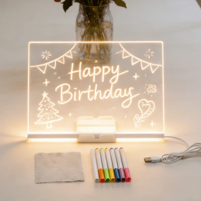 Pizarra iluminada, pizarra acrílica LED, pizarra acrílica iluminada con soporte, tablero de dibujo iluminado, incluye paño de limpieza y rotuladores de colores, apto para escribir y dibujar, juguete educativo artístico, alimentado por USB, con soporte, decoración para cumpleaños y fiestas, dormitorio, salón, ordenador, hotel, restaurante, lámpara decorativa para oficina.