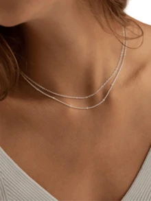 1pc Double Layer Chain Necklace, Fashionable Minimalist O-Shape Beaded Layered Choker Necklace, Lightweight Luxury Versatile Necklace Accessory Suitable For Girls & Women (Bead Quantity Random) - Silver - View 5