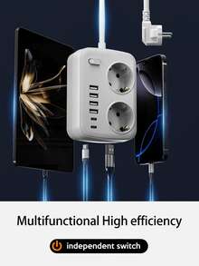 1个45°倾斜旅行适配器 | 2个USB-C端口（100W PD充电）+ 4个USB-A端口 | 8合1多功能充电集线器，适用于笔记本电脑、手机、平板电脑、相机等 | 小巧便携设计，是旅行、办公和居家桌面的理想之选 | 采用阻燃耐热材料制成，内置智能保护芯片，性能可靠 | 兼容全球电压，多端口和宽间距插头，节省空间。