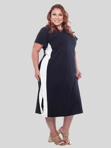 Women's Plus Size Cotton Dress With Side Stripe, Casual, Loose Fit, Comfortable, Sizes 50 To 56 - 黑與白 - 查看 1