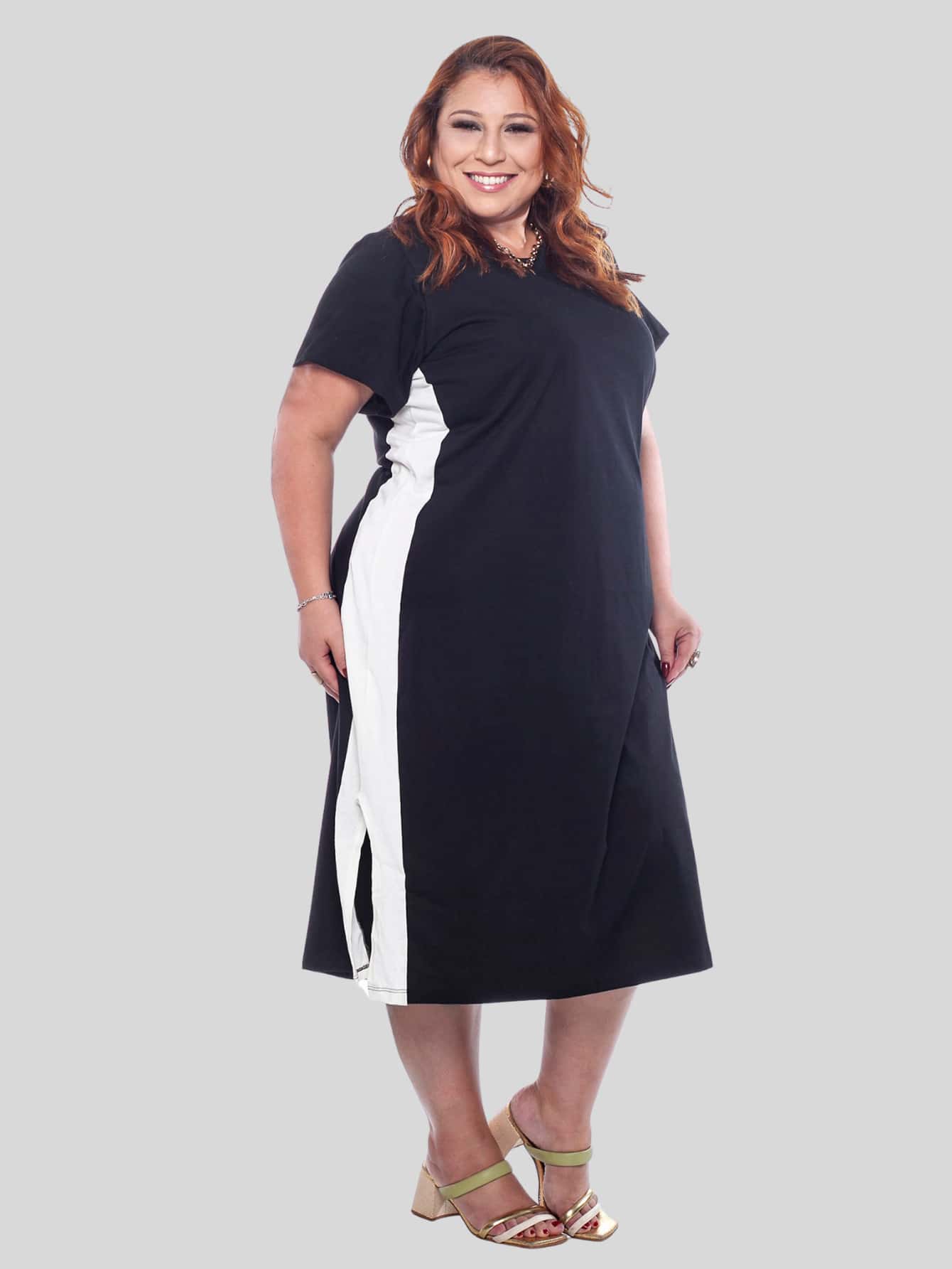 Women's Plus Size Cotton Dress With Side Stripe, Casual, Loose Fit, Comfortable, Sizes 50 To 56 - 黑與白 - 查看 1