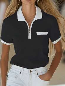 女士优雅通勤套装，简约高端针织套头衫，半拉链撞色口袋拉链设计，女士街头服饰，百搭简约针织短袖衬衫，户外服装黑色夏季款 - 黑色 - 查看 2