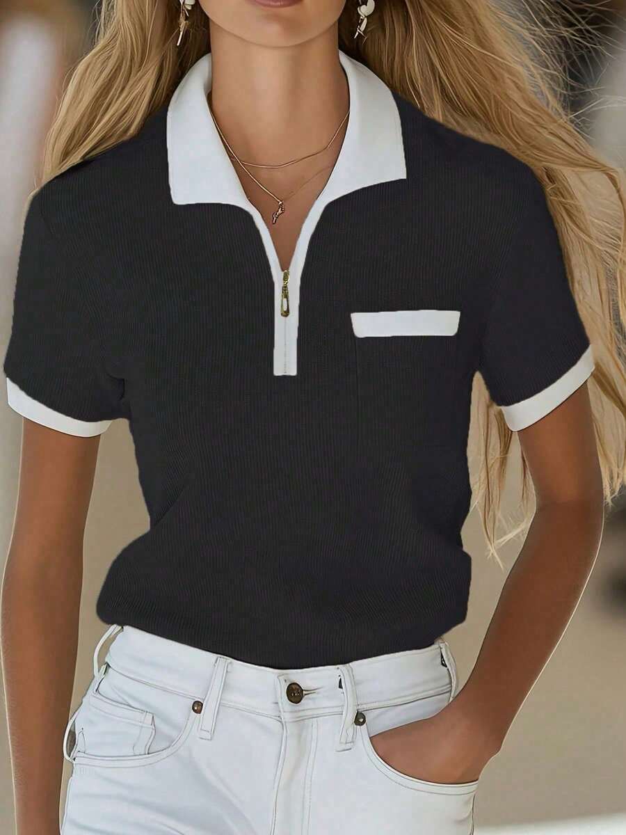 女士优雅通勤套装，简约高端针织套头衫，半拉链撞色口袋拉链设计，女士街头服饰，百搭简约针织短袖衬衫，户外服装黑色夏季款