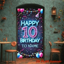 2D门帘，可定制10岁生日派对背景 - 活力霓虹风格气球和彩纸屑设计，个性化姓名门帘，涤纶材质，易于DIY的节日家居装饰，个性化庆典|霓虹风格横幅|定制派对用品 - 1個 - 查看 4