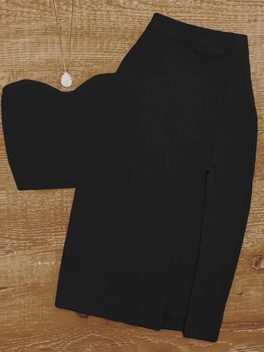 UREREM Summer Sexy Fitted Cold-Shoulder Strapless Top Paired With Bodycon Skirt Set, 180G Knit Fabric Black Elegant - Black - View 1