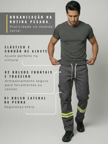 Kit 02 Calça Faixa Refletiva Brim Cores Com Bolso Uniforme Trabalho Operacional - Grafite - Visão 3