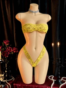 Set de 2 bragas ultraligeras y transpirables de unicolor y encaje sexy para mujer - Amarillo - Ver 1