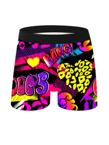 3pcs Men's Fashion Graffiti Printed Shorts Set: Printed Digital Boxer Briefs, Funny Printed Boxing Briefs, Knitted Elastic Breathable Comfortable Men's Underwear, Breathable Skin-Friendly Fashionable Sports Briefs - Multicolor - View 3