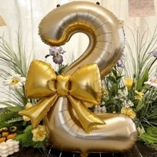 2个/套，40英寸白色金色数字气球，21英寸金色蝴蝶结铝箔气球，适用于婚礼、生日、周年纪念、情人节装饰