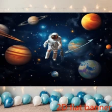 Banner plano 2D (1 peça), tecido com fundo de foguete extraterrestre e astronauta, ideal para decoração de mesa de bolo em festas de aniversário, banners, fundo para fotos, adereços para cabine de fotos e artigos para festas com temas de planetas e galáxias.