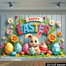 70x43 Happy Easter Banner Flag 1pc Vibrant Easter Bunny And Colorful Eggs Banner - 70x43 Polyester, "Happy Easter" Holiday Decor Flag, No Electricity Needed, Great For Indoor/Outdoor Celebrations And Photography Backdrop - Multicolor - View 5
