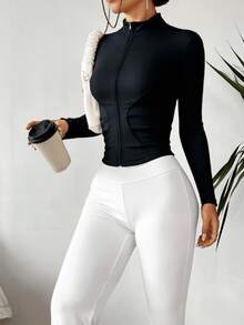 Chaqueta de yoga estilo Y2K con cremallera - Diseño ajustado y mangas largas con abertura para el pulgar - Negro - Ver 3