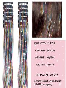12片/套 女士激光闪光丝带直发接发片，7种颜色亮泽发夹套装