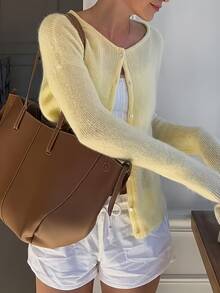 Damen eleganter Lässig Strickjacke, einfarbiges Design mit Rundhalsausschnitt und Langarm, Knopfverschluss, moderner minimalistischer Pendler-Stil mit feinem dünnem Strick, lässig weite Passform, Damen Streetwear - Gelb - Übersicht 5
